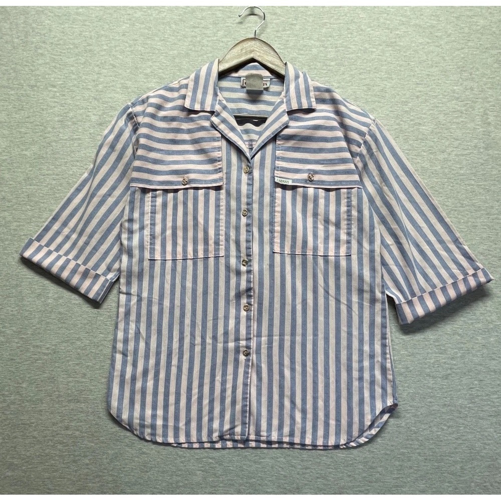 Vintage Cabrais Shirt Top Womens Small Blue Pink Striped Cuffed Sleeve Button Up